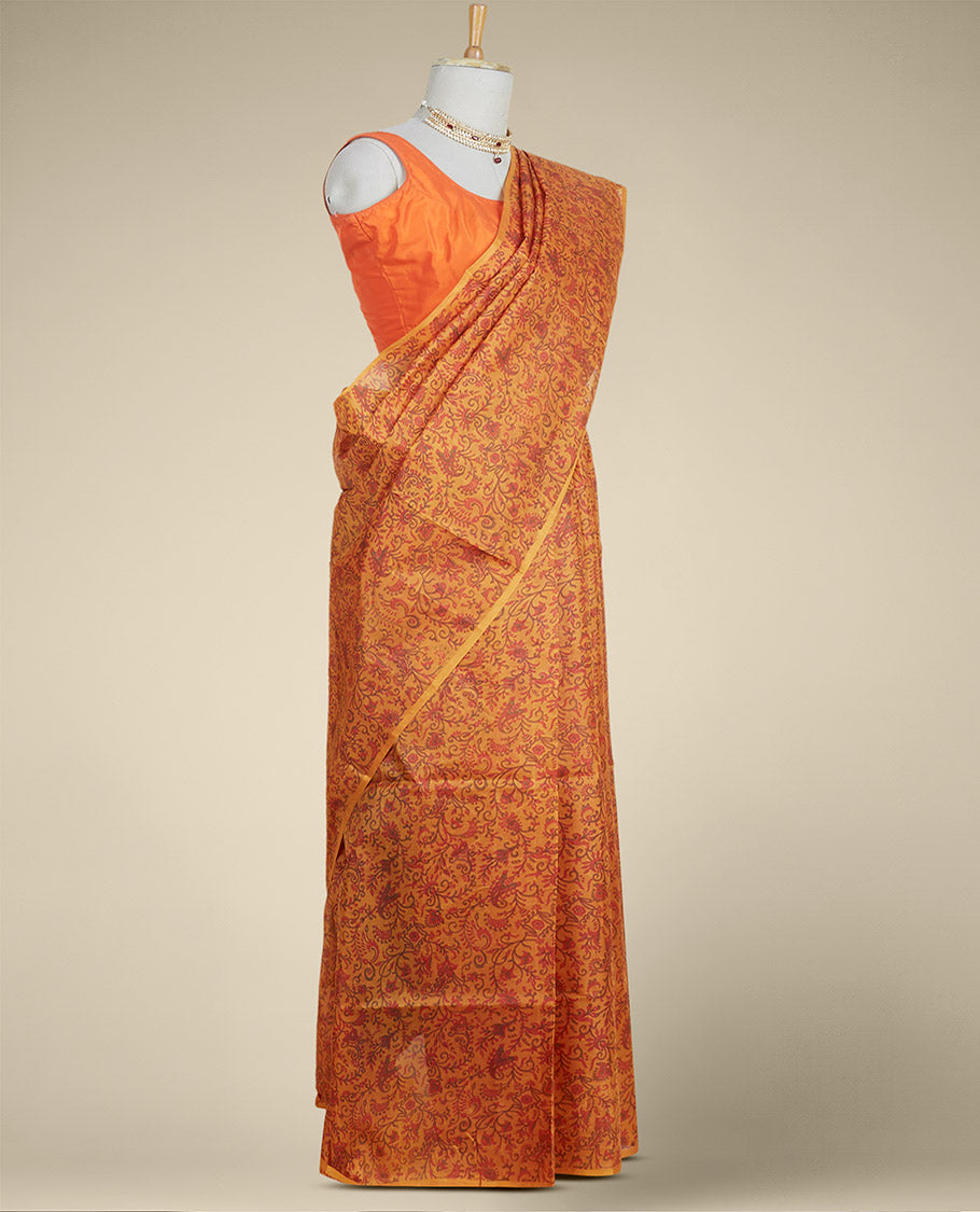 orange floral printed silk saree with contras plain border