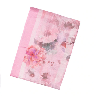 Pink Handloom Linen Saree With Printed Flowers