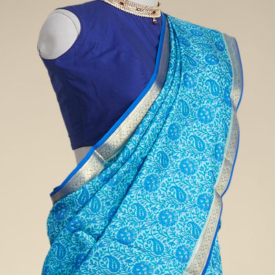 floral , paisleys printed silk saree with contrast intricate zari design border