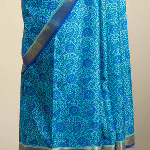 floral , paisleys printed silk saree with contrast intricate zari design border