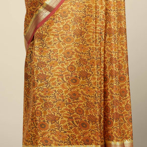 orange  floral printed silk saree with contrast intricate zari design border