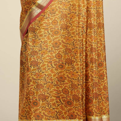 orange  floral printed silk saree with contrast intricate zari design border