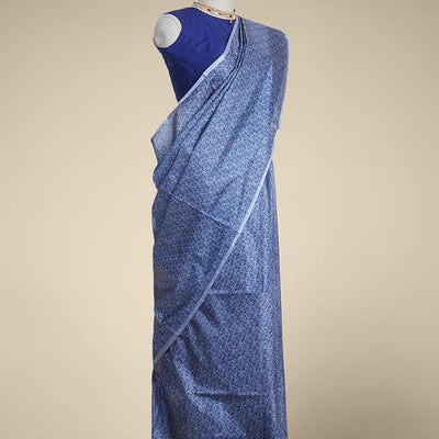 Blue floral design printed silk saree with contrast plain border
