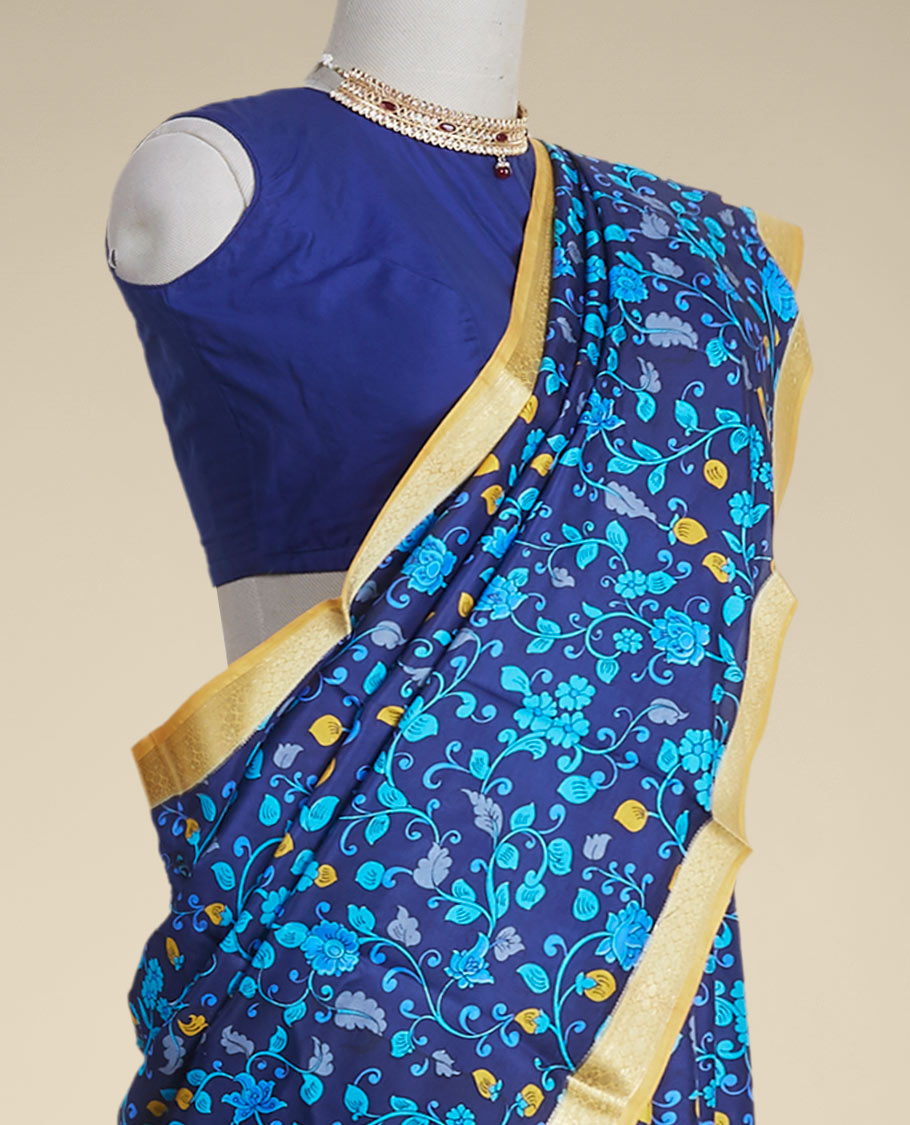 Blue floral vine design printed silk saree with contrast intricate zari border
