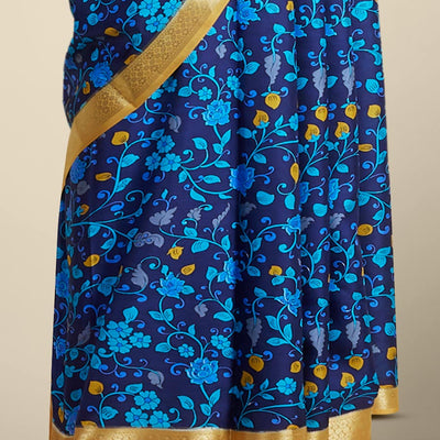 Blue floral vine design printed silk saree with contrast intricate zari border