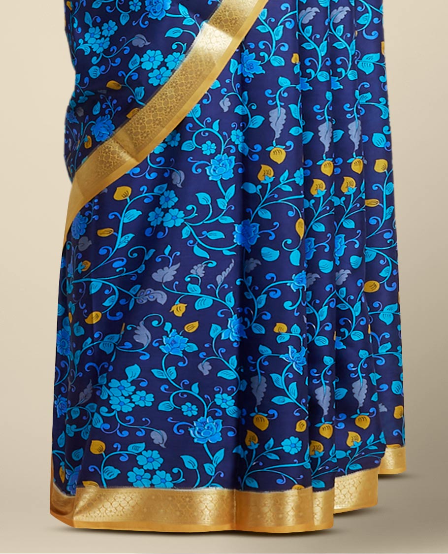 Blue floral vine design printed silk saree with contrast intricate zari border