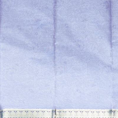 Blue floral vine design printed silk saree with contrast striped zari border