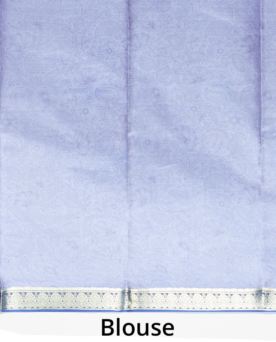 Blue floral vine design printed silk saree with contrast striped zari border