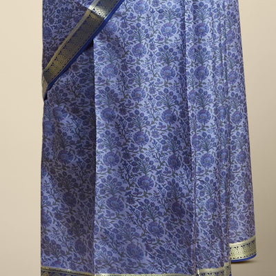 Blue floral vine design printed silk saree with contrast striped zari border
