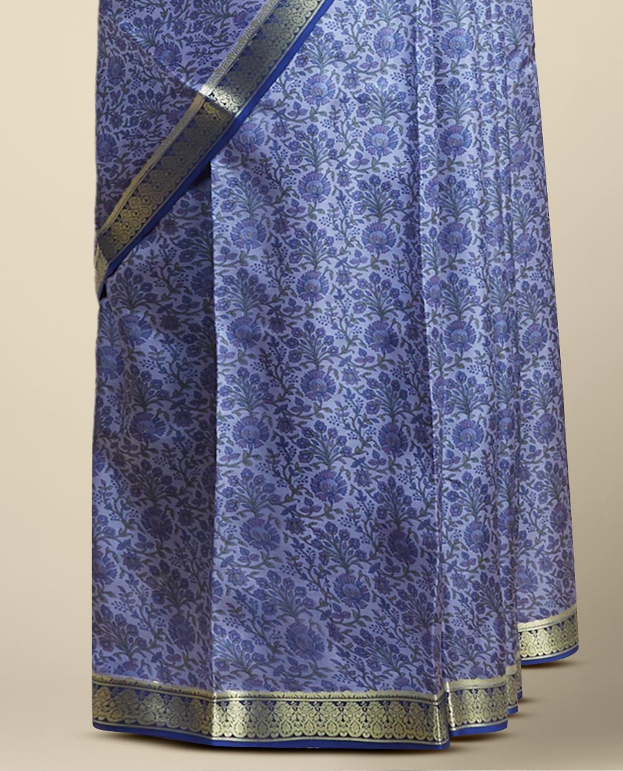 Blue floral vine design printed silk saree with contrast striped zari border
