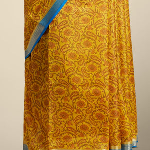 Yellow floral vine design printed silk saree with contrast striped zari border