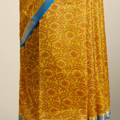 Yellow floral vine design printed silk saree with contrast striped zari border