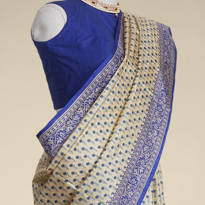 Sandal floral printed silk saree with contrast floral border