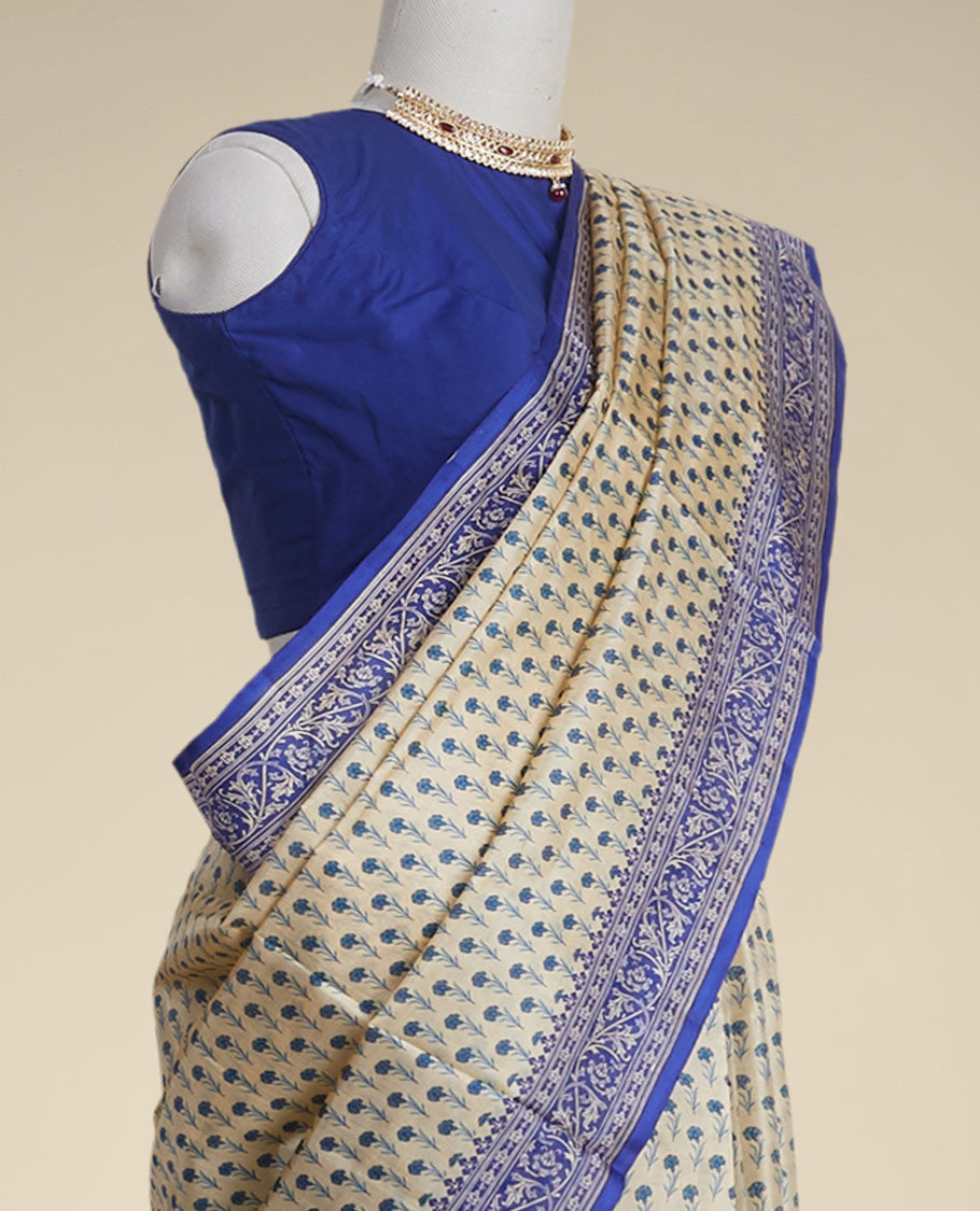 Sandal floral printed silk saree with contrast floral border