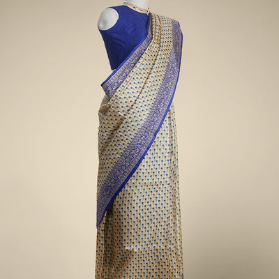 Sandal floral printed silk saree with contrast floral border