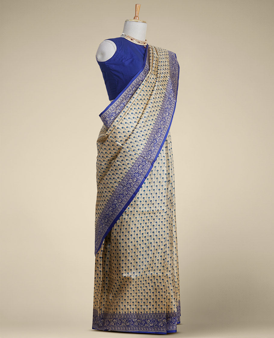 Sandal floral printed silk saree with contrast floral border