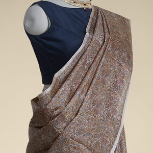 Brown floral printed silk saree with contrast Plain border
