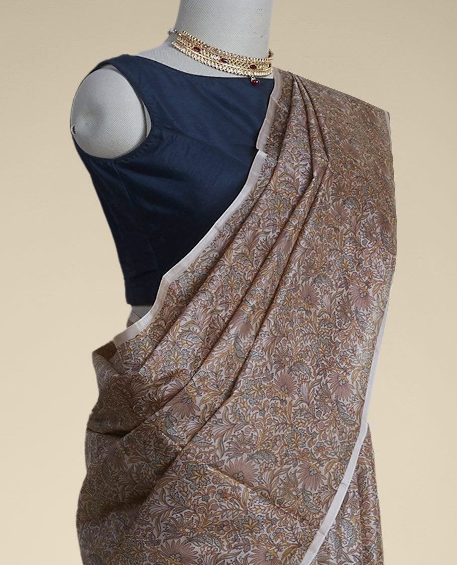 Brown floral printed silk saree with contrast Plain border