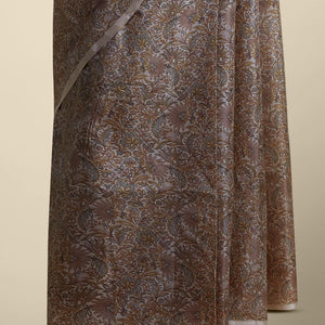Brown floral printed silk saree with contrast Plain border