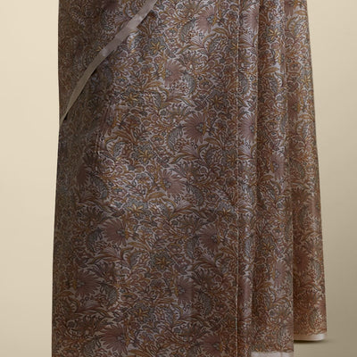 Brown floral printed silk saree with contrast Plain border