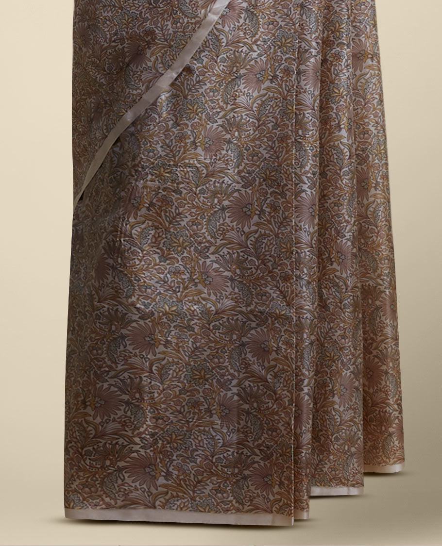 Brown floral printed silk saree with contrast Plain border