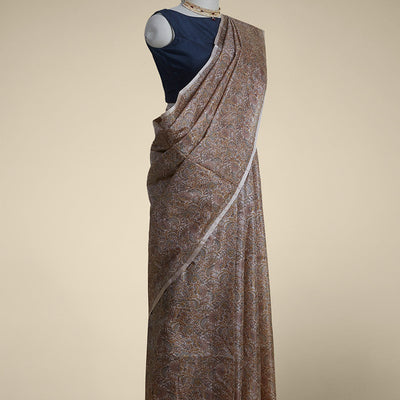 Brown floral printed silk saree with contrast Plain border