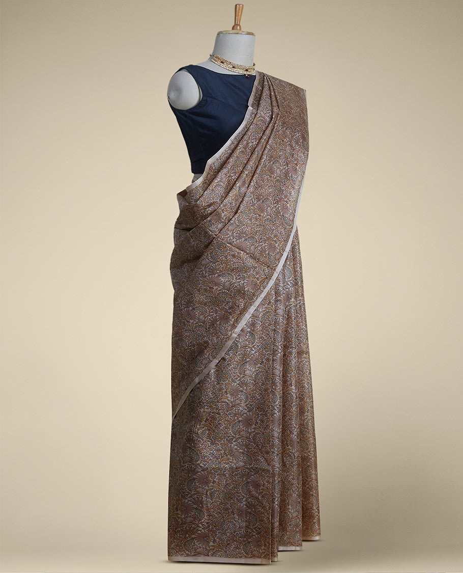 Brown floral printed silk saree with contrast Plain border