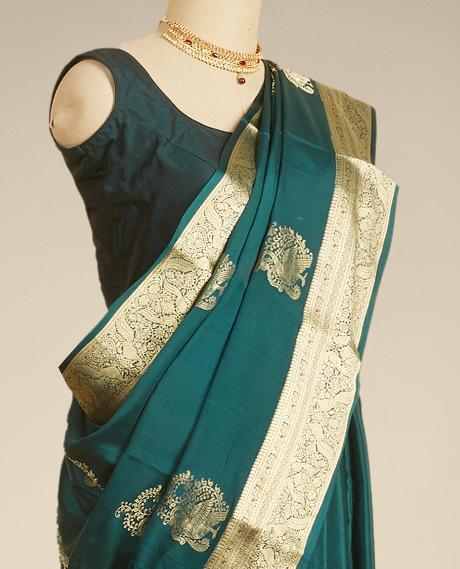 Green peacock motifs mysore silk saree with self intricate zari design border