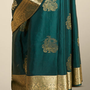 Green peacock motifs mysore silk saree with self intricate zari design border