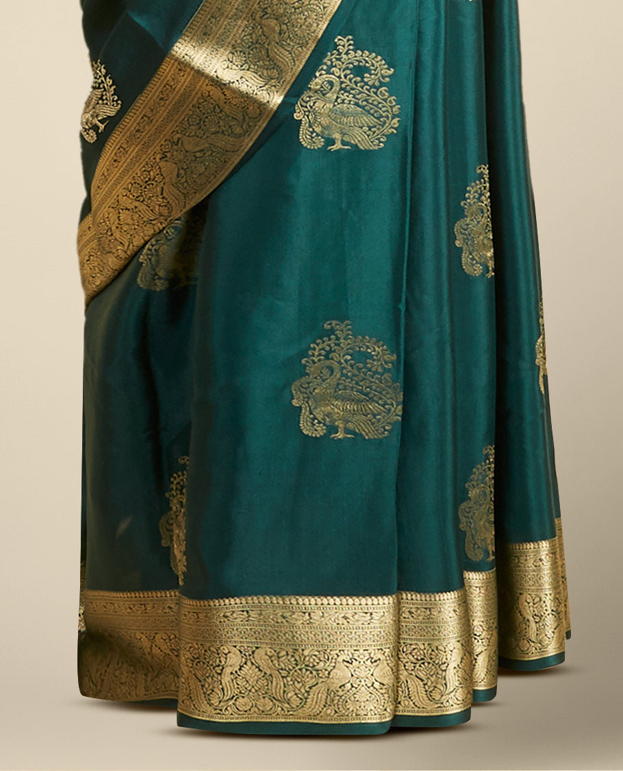 Green peacock motifs mysore silk saree with self intricate zari design border