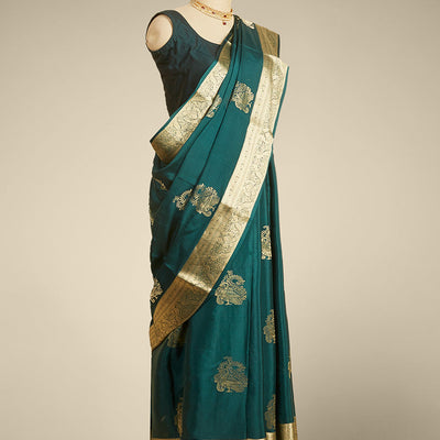 Green peacock motifs mysore silk saree with self intricate zari design border