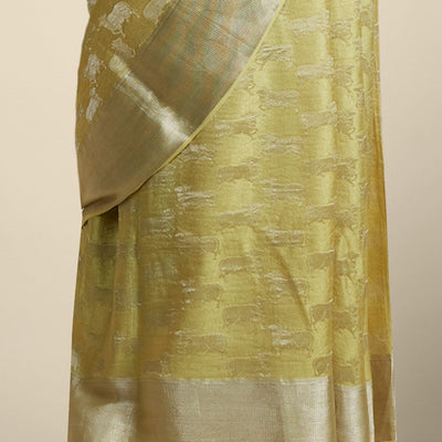 Yellow anial motifs pure crepe saree with self zari border