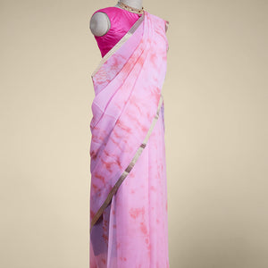 Pink pure chifon saree with self zari border