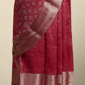 marron ogee patern pure crepe saree with self argyle design border