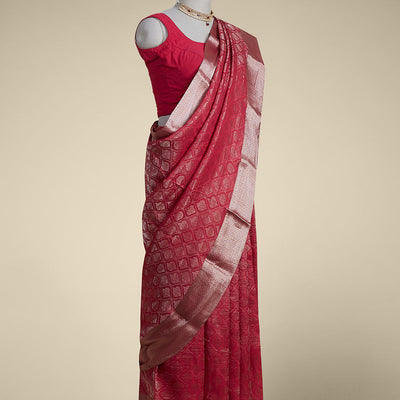 marron ogee patern pure crepe saree with self argyle design border