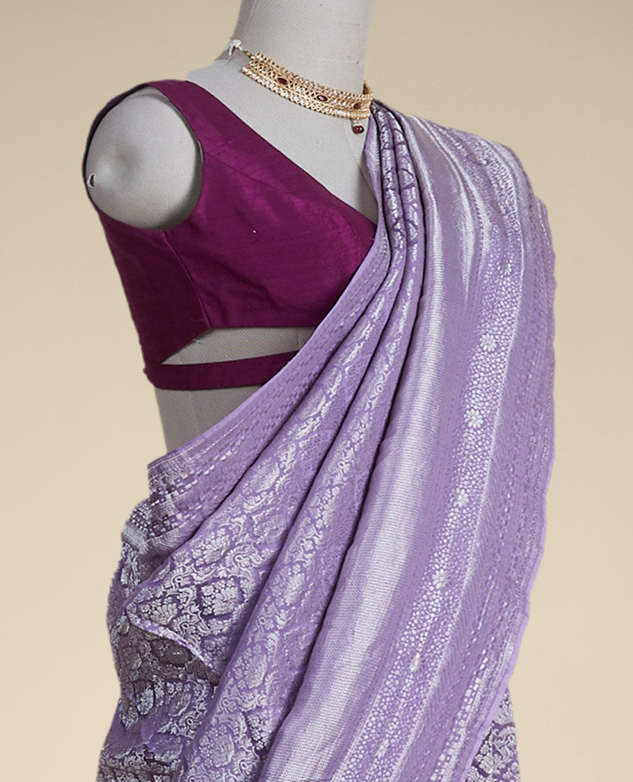 lavender intricate zari design pure crepe saree with self zari design border