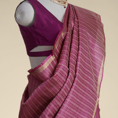 Red leaf vine design tussar silk saree with self zari design border