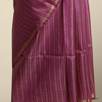 Red leaf vine design tussar silk saree with self zari design border