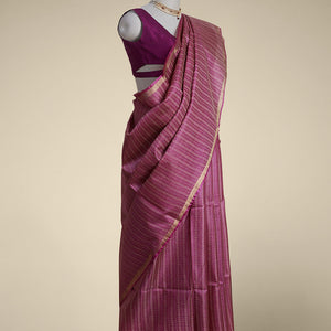 Red leaf vine design tussar silk saree with self zari design border