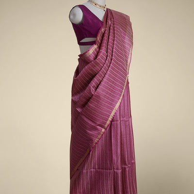 Red leaf vine design tussar silk saree with self zari design border