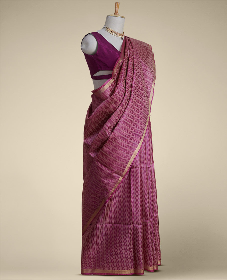 Red leaf vine design tussar silk saree with self zari design border