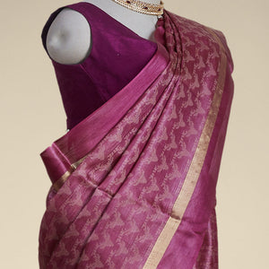 Purple animal motifs tussar silk saree with self zari border