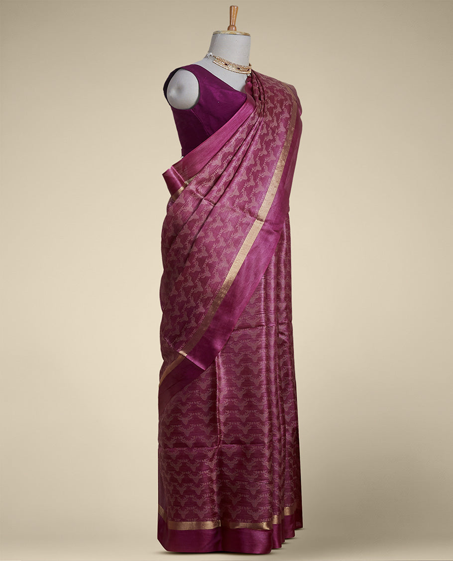 Purple animal motifs tussar silk saree with self zari border