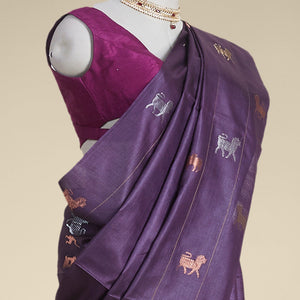 purple  animal motifs tussar silk saree with self zari border