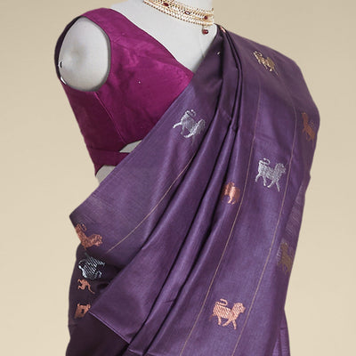 purple  animal motifs tussar silk saree with self zari border