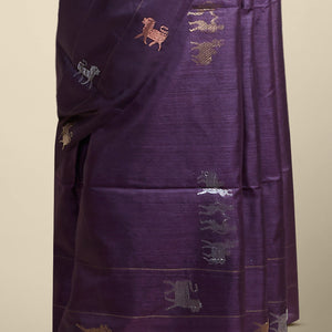 purple  animal motifs tussar silk saree with self zari border