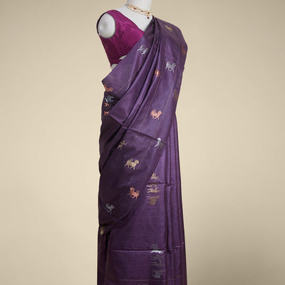 purple  animal motifs tussar silk saree with self zari border