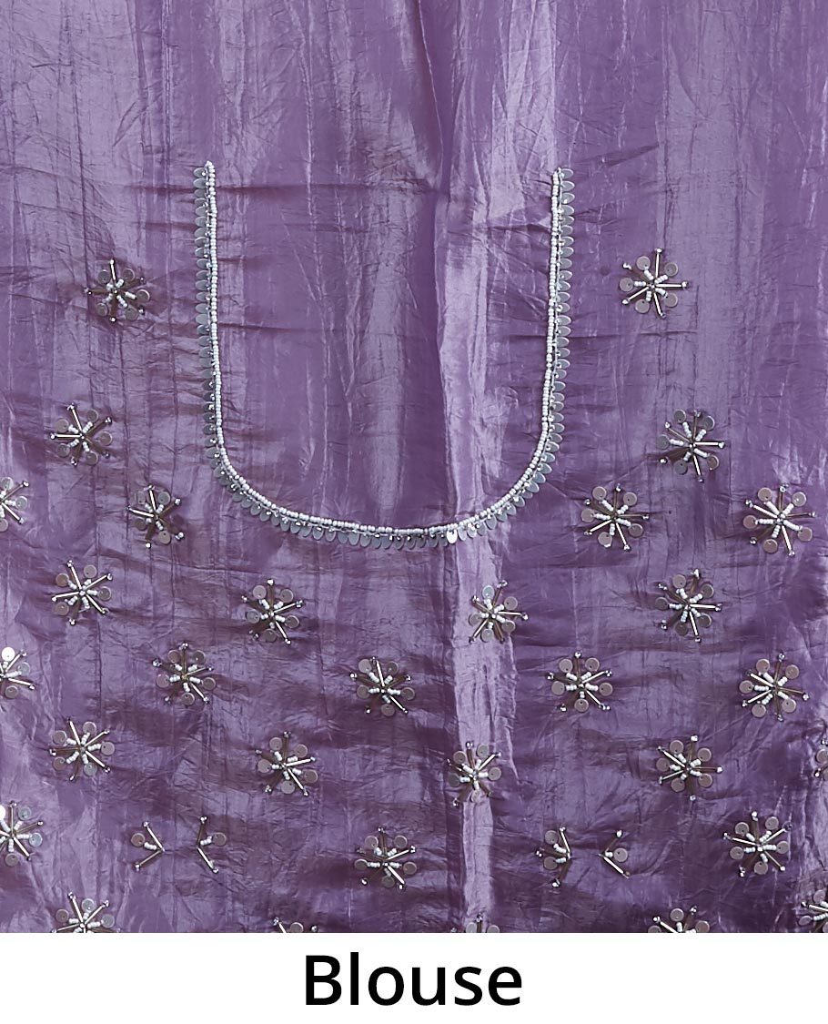 Lavender floral embroidery tusser silk saree with scallop floral border
