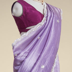 Lavender floral embroidery tusser silk saree with scallop floral border