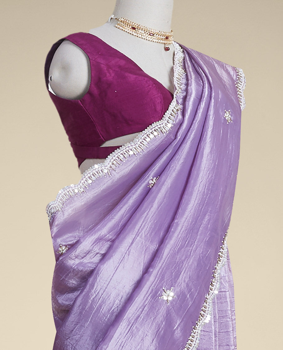 Lavender floral embroidery tusser silk saree with scallop floral border